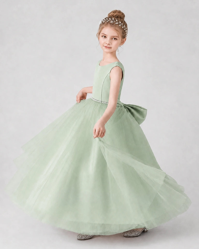 Sage Green Satin Tulle A-line Girls Formal Dress Side View