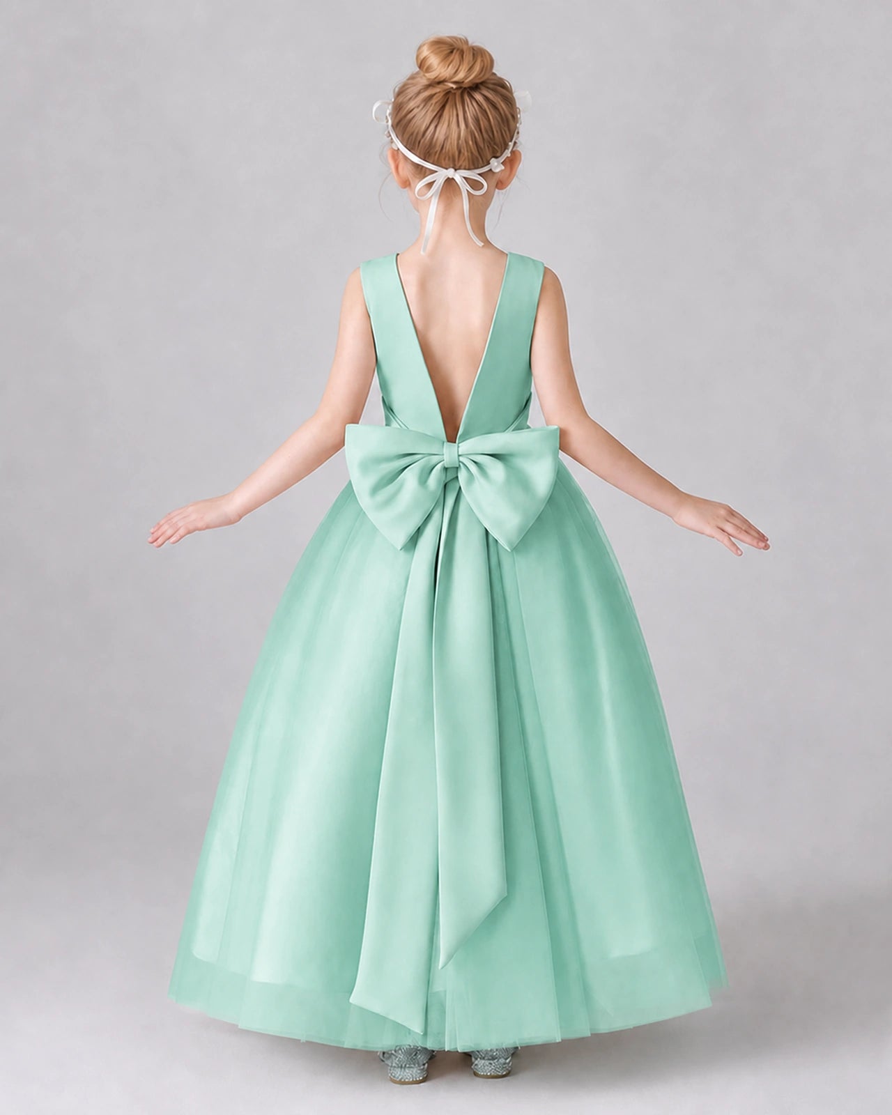 Turquoise Satin Tulle A-line Girls Formal Dress Back View