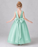Turquoise Satin Tulle A-line Girls Formal Dress Back View
