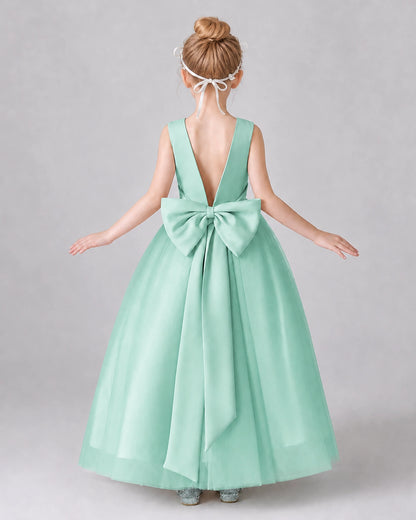 Turquoise Satin Tulle A-line Girls Formal Dress Back View