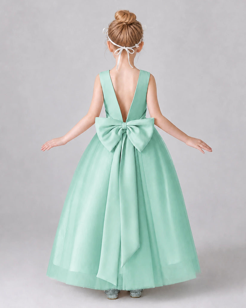 Turquoise Satin Tulle A-line Girls Formal Dress Back View