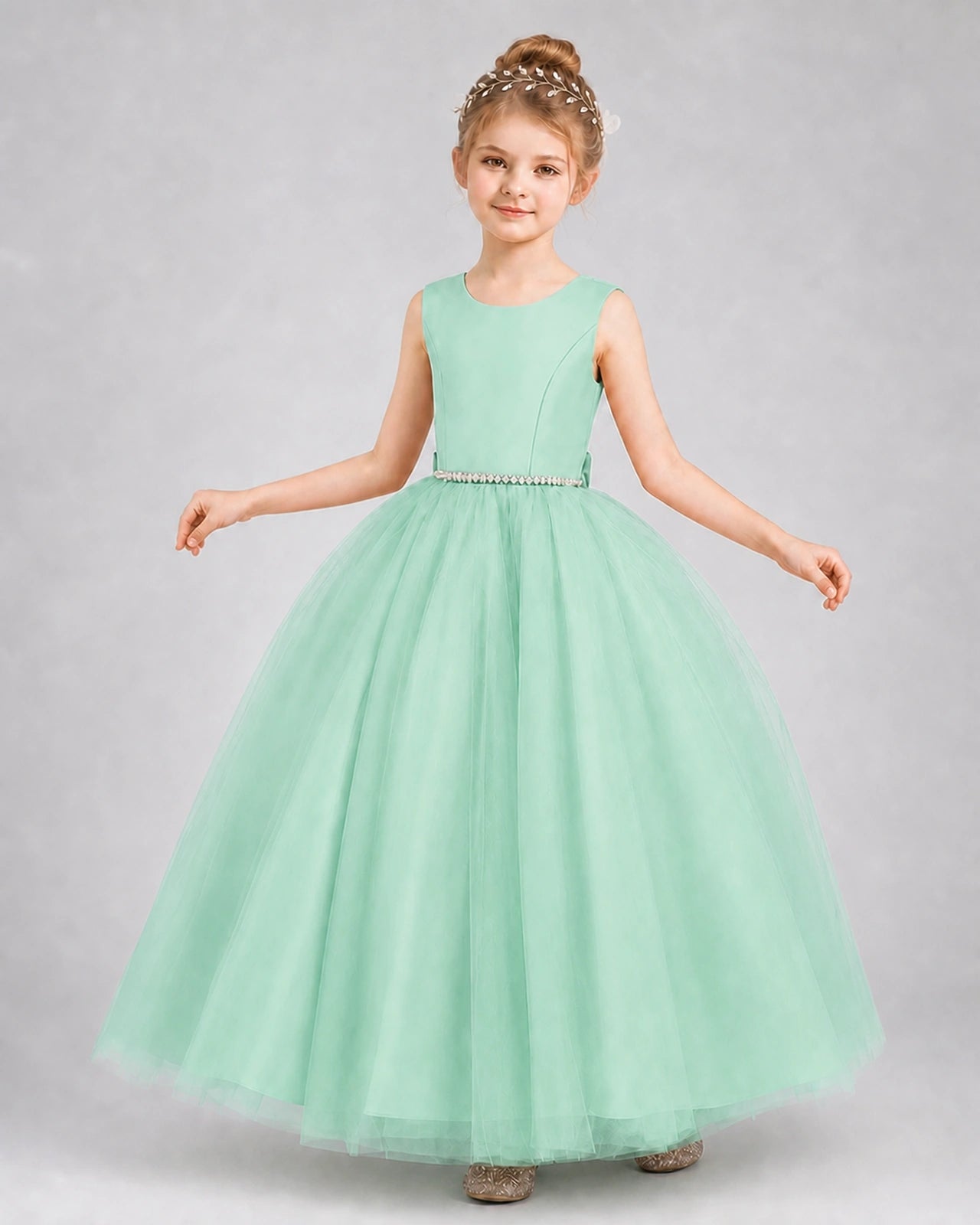 Turquoise Satin and Tulle Ball Gown Girls Formal Dress Front View