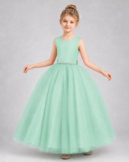 Turquoise Satin and Tulle Ball Gown Girls Formal Dress Front View