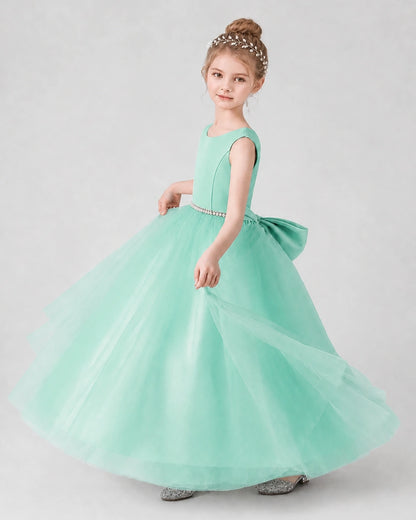 Turquoise Satin Tulle Ball Gown Girls Formal Dress Side View