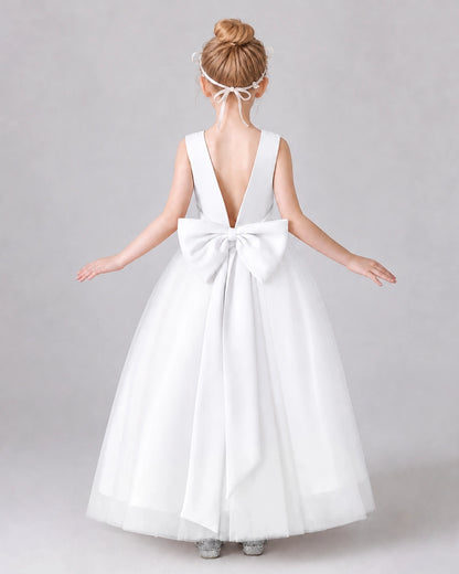 White Satin A-line Girls Formal Dress Back View