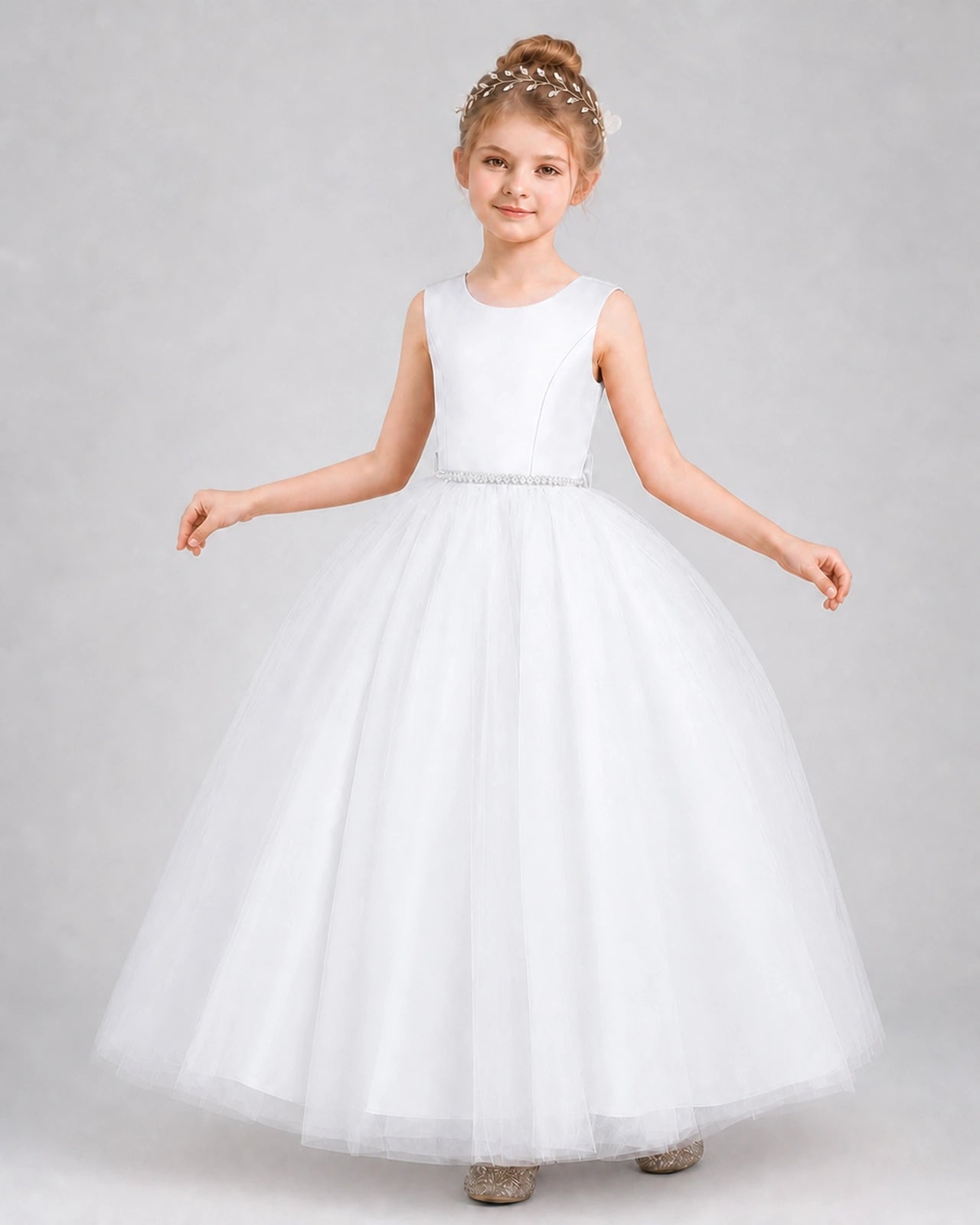 White Satin Tulle Ball Gown Girls Formal Dress Front View