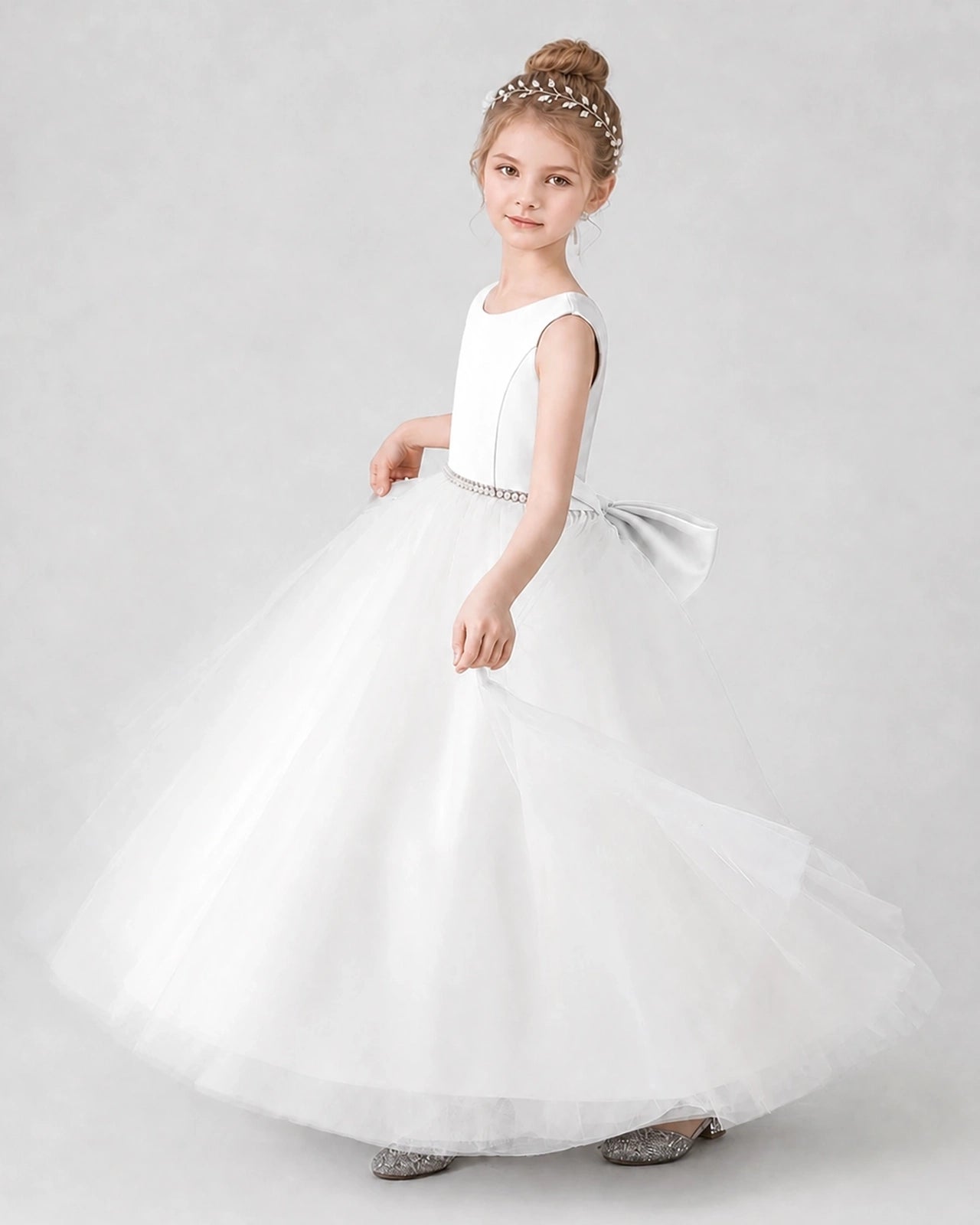 White Satin Tulle Ball Gown Girls Formal Dress Side View