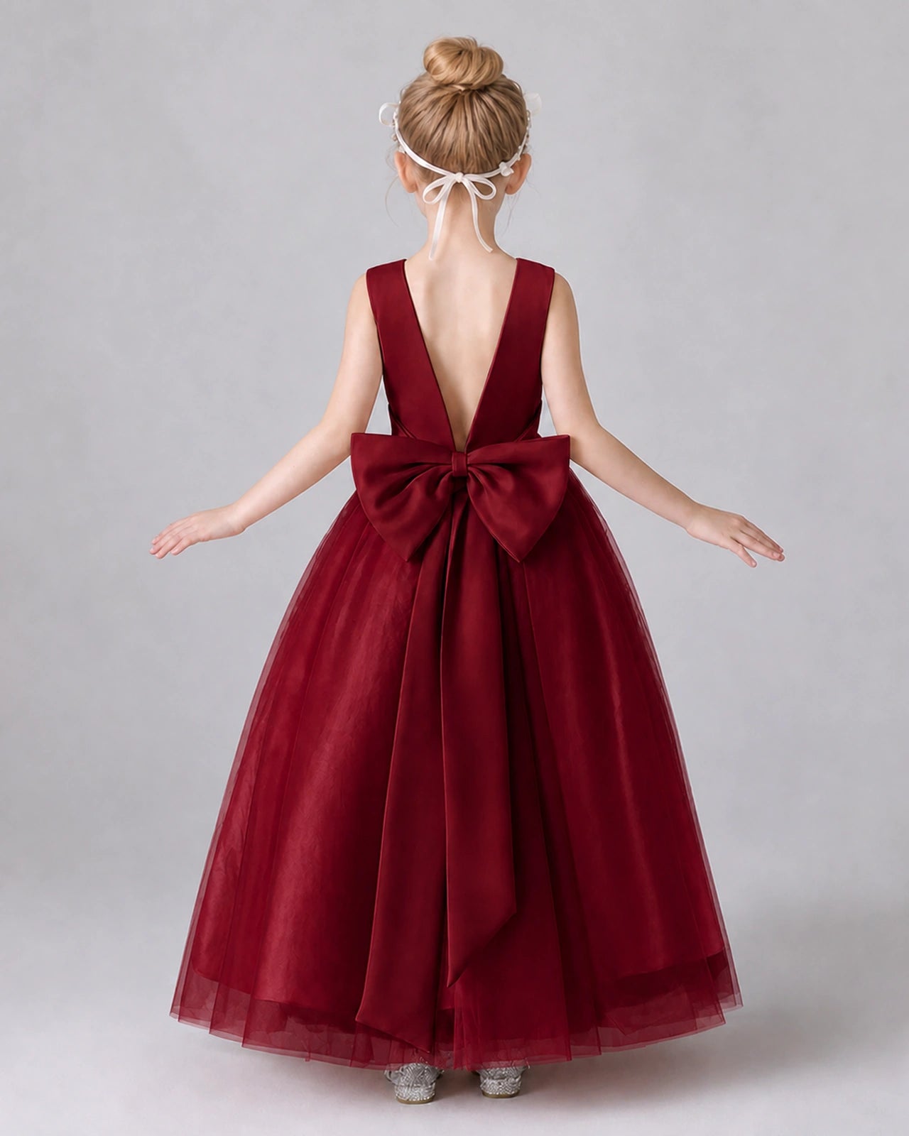 Wind Red Satin Tulle A-line Girls Formal Dress Back View