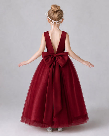 Wind Red Satin Tulle A-line Girls Formal Dress Back View