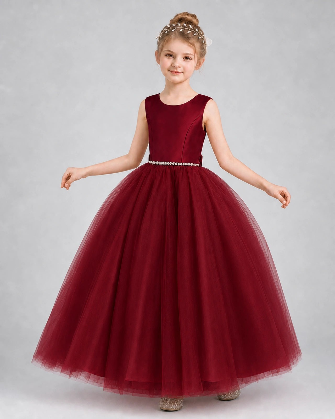 Wind Red Satin and Tulle Ball Gown Girls Formal Dress Front View