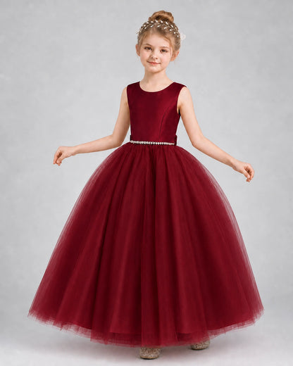 Wind Red Satin and Tulle Ball Gown Girls Formal Dress Front View