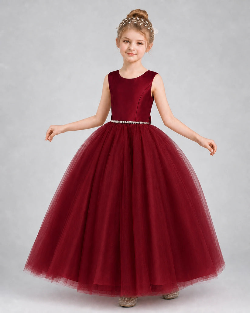 Wind Red Satin and Tulle Ball Gown Girls Formal Dress Front View