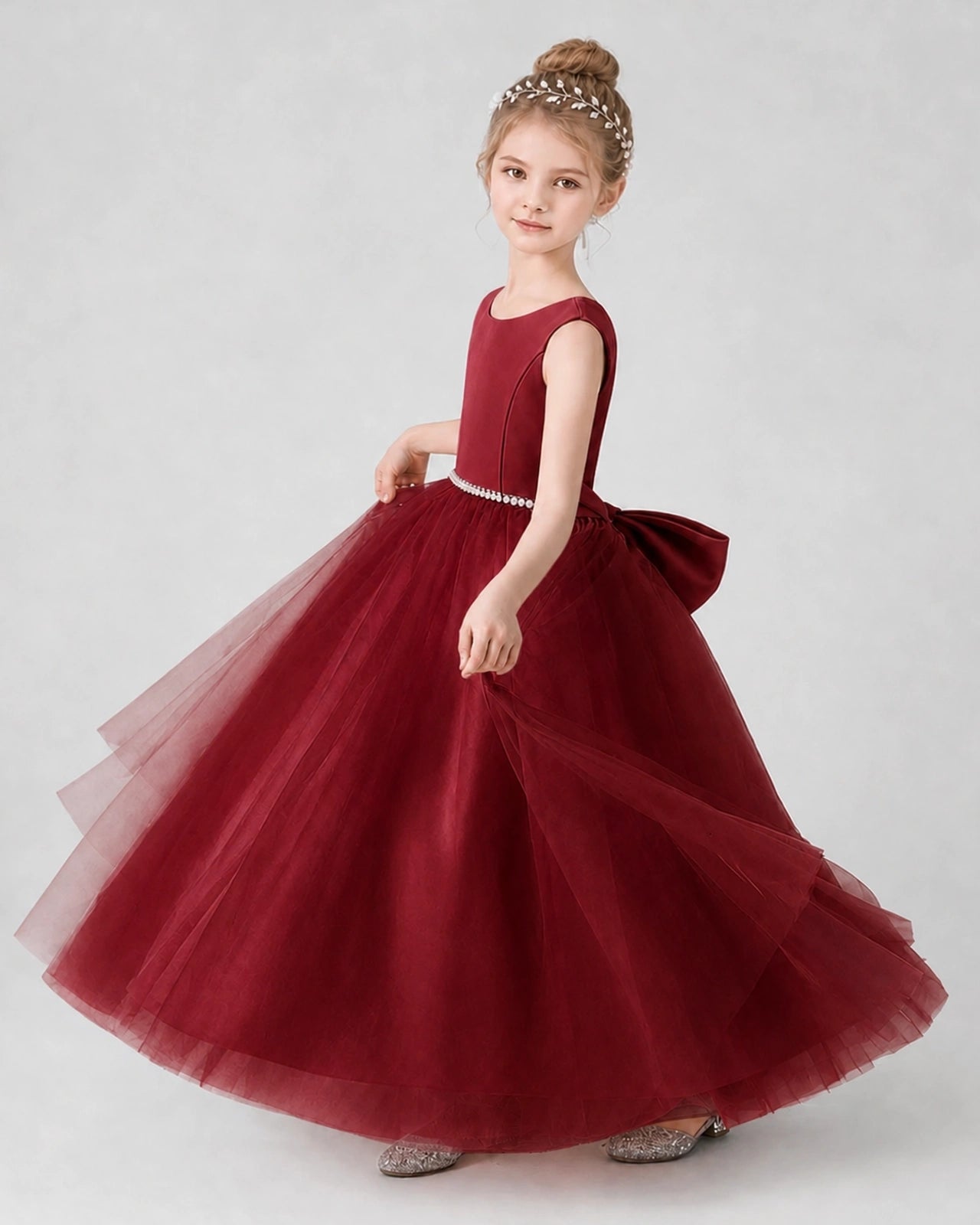 Wind Red Satin Tulle A-line Girls Formal Dress Side View