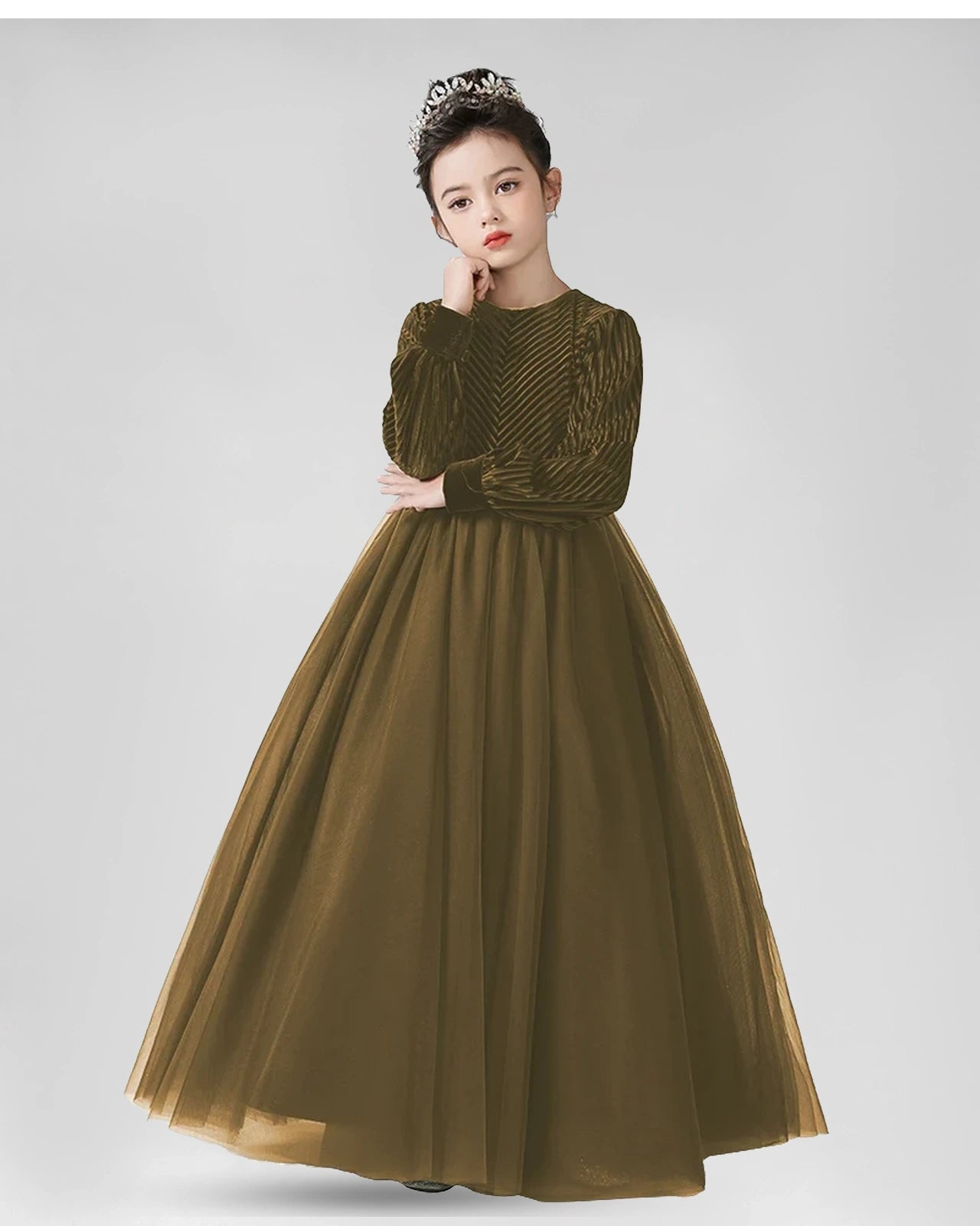 Brown velvet and tulle ball gown girls formal dress, front view