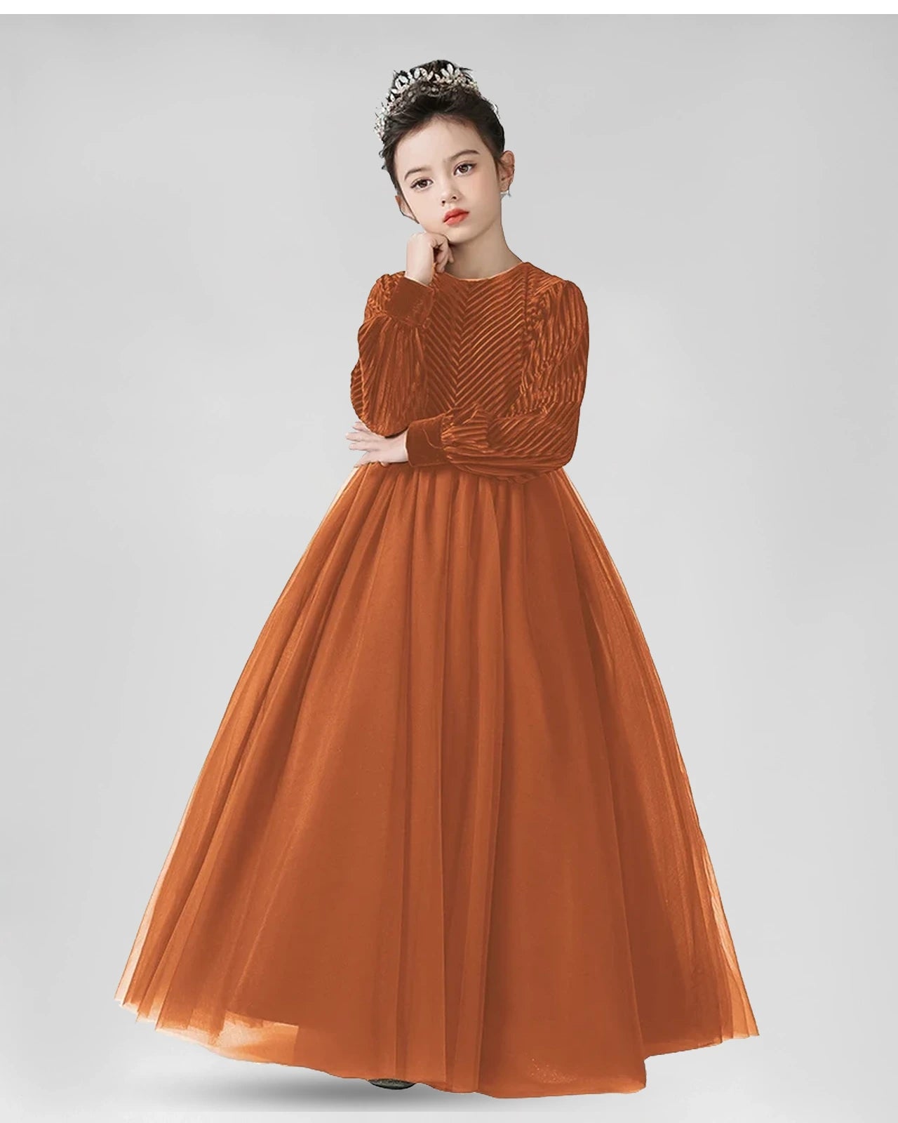 Burnt Orange Velvet And Tulle A-Line Girls Formal Dresses Front View