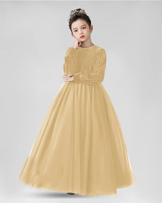 Champagne Velvet and Tulle A-Line Girls Formal Dresses Front View