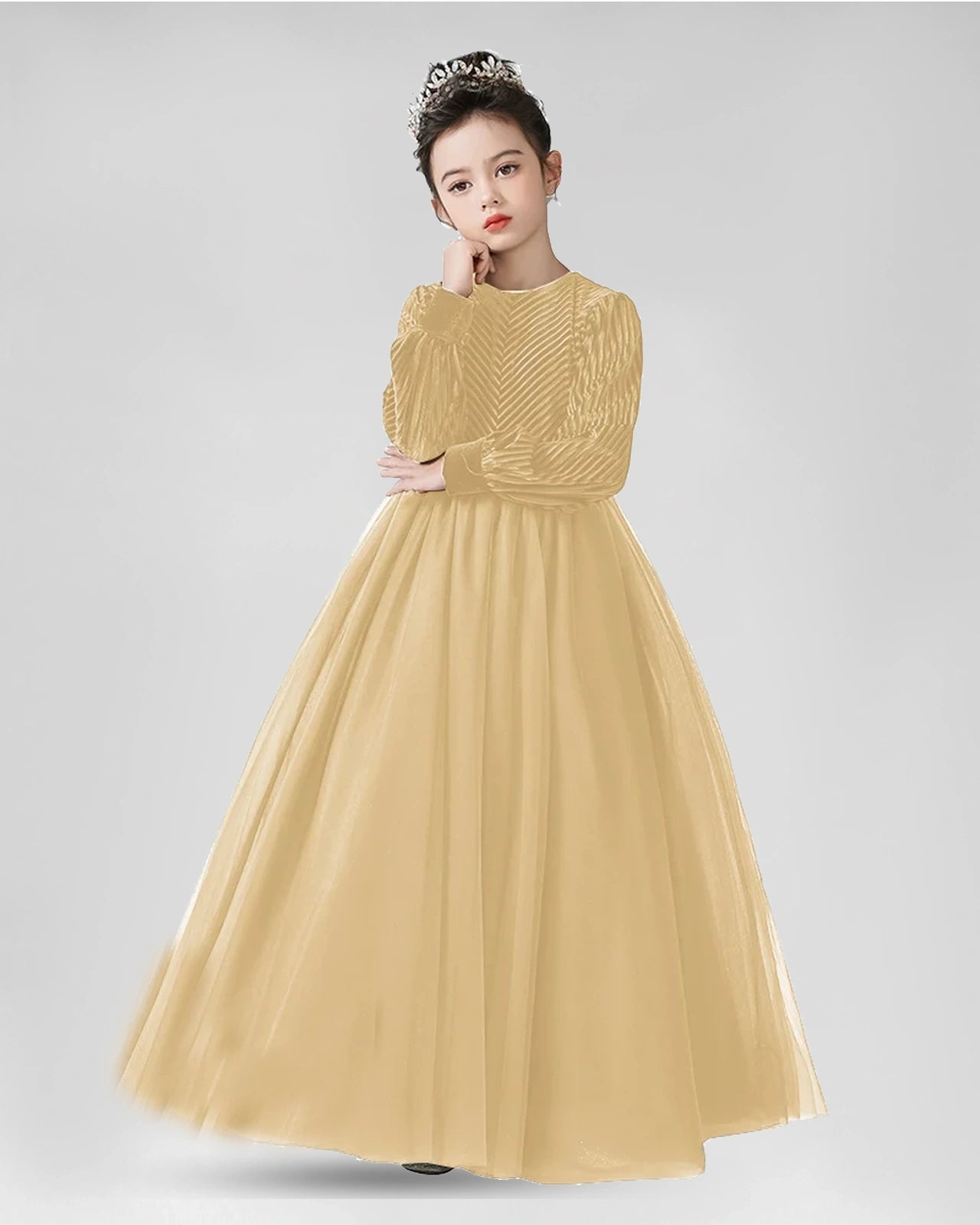 Champagne Velvet and Tulle A-Line Girls Formal Dresses Front View