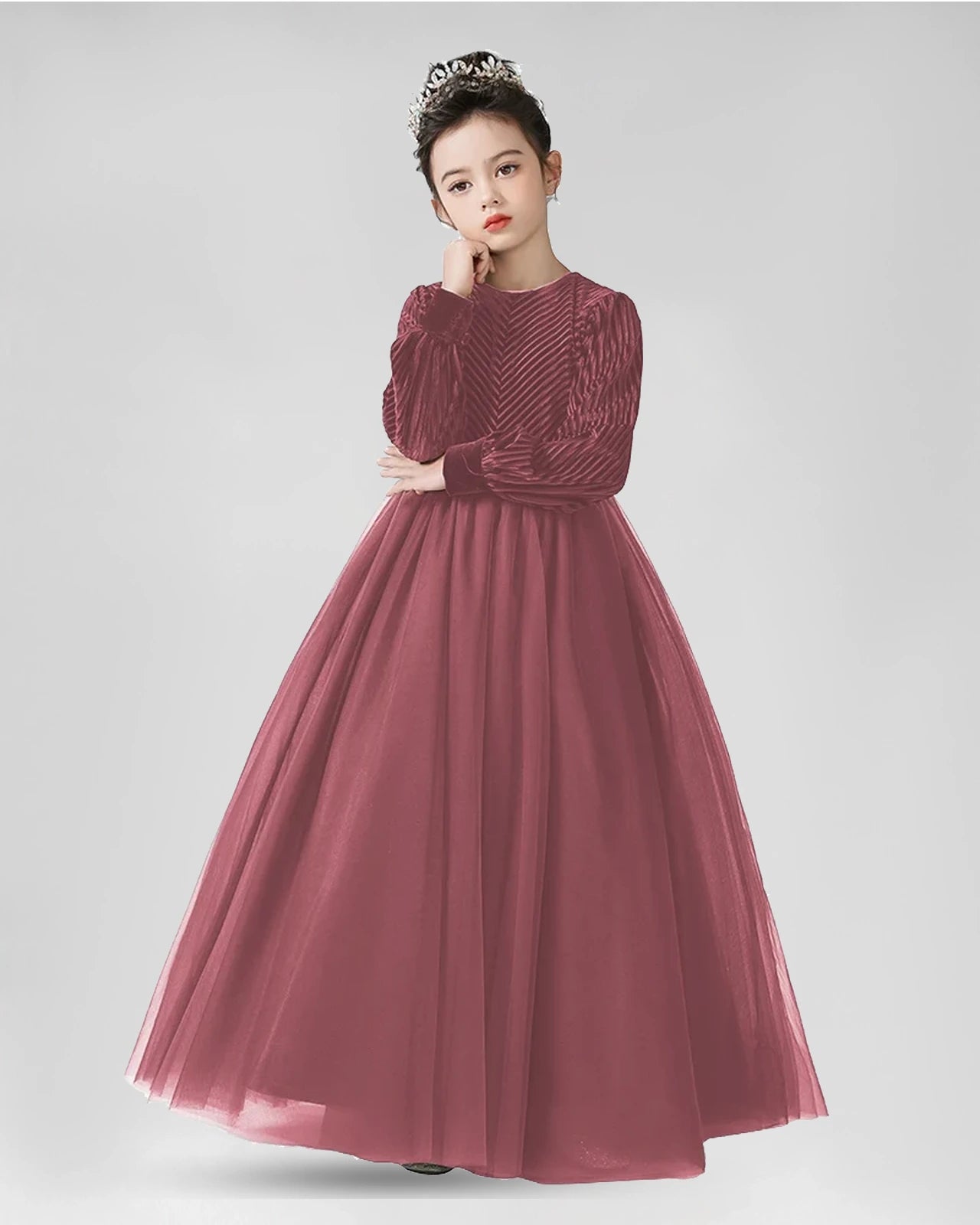 Dusty Rose Velvet Tulle A-Line Girls Formal Dresses Front View