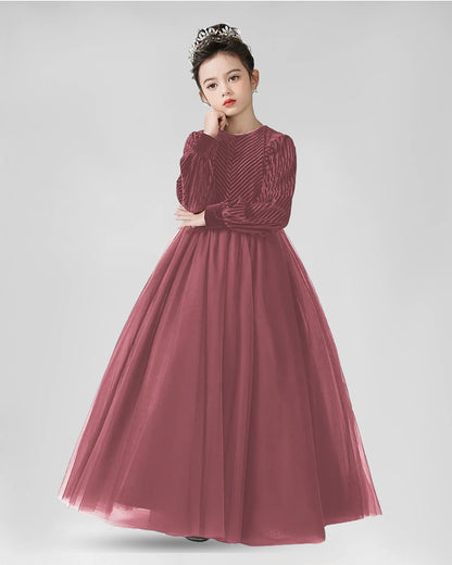 Dusty Rose Velvet Tulle A-Line Girls Formal Dresses Front View