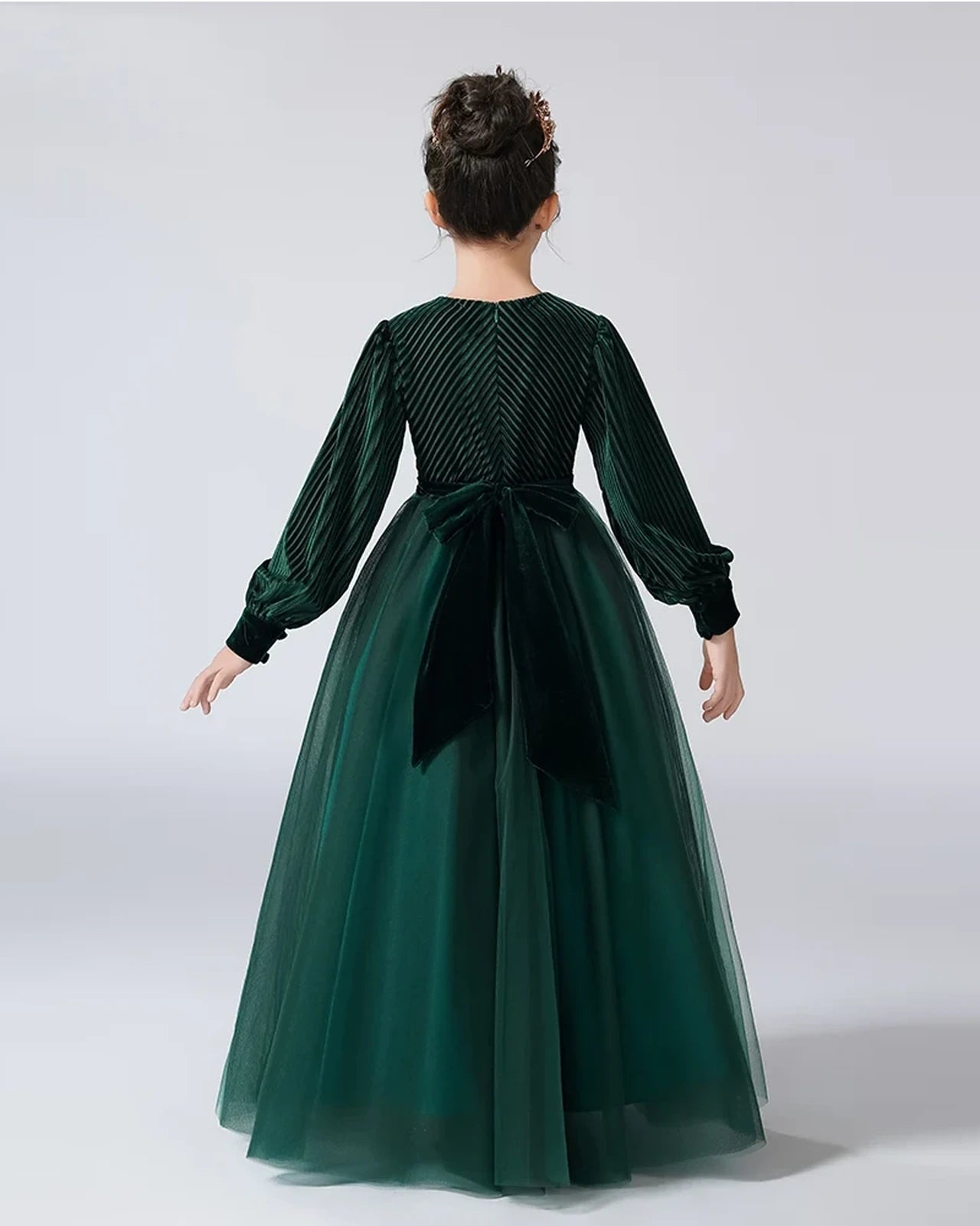 Emerald Green Velvet And Tulle Long Sleeve Girls Formal Dresses Back View