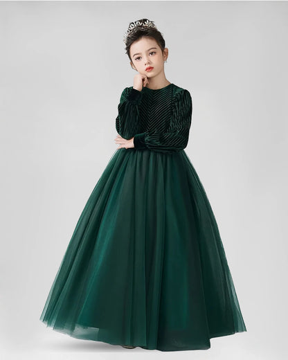 Emerald Green Velvet Tulle A-Line Girls Formal Dresses Front View