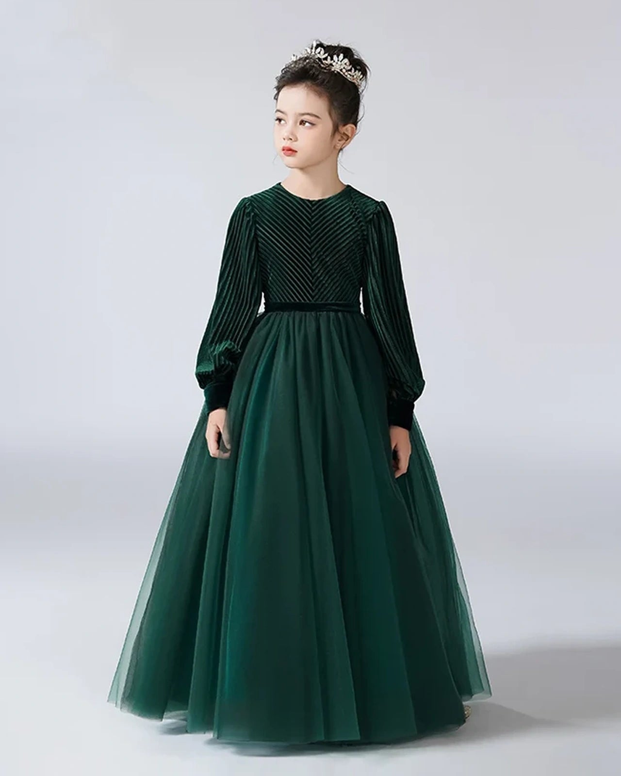 Emerald Green Velvet and Tulle A-Line Girls Formal Dresses Front View