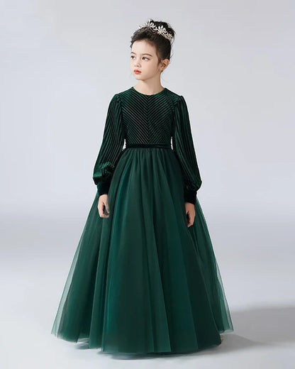 Emerald Green Velvet and Tulle A-Line Girls Formal Dresses Front View