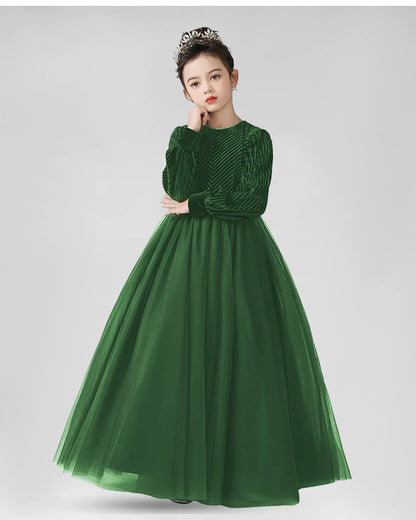 Emerald Green Velvet and Tulle A-Line Girls Formal Dresses Front View