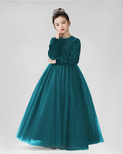 Emerald Green Velvet Tulle A-Line Girls Formal Dresses Front View
