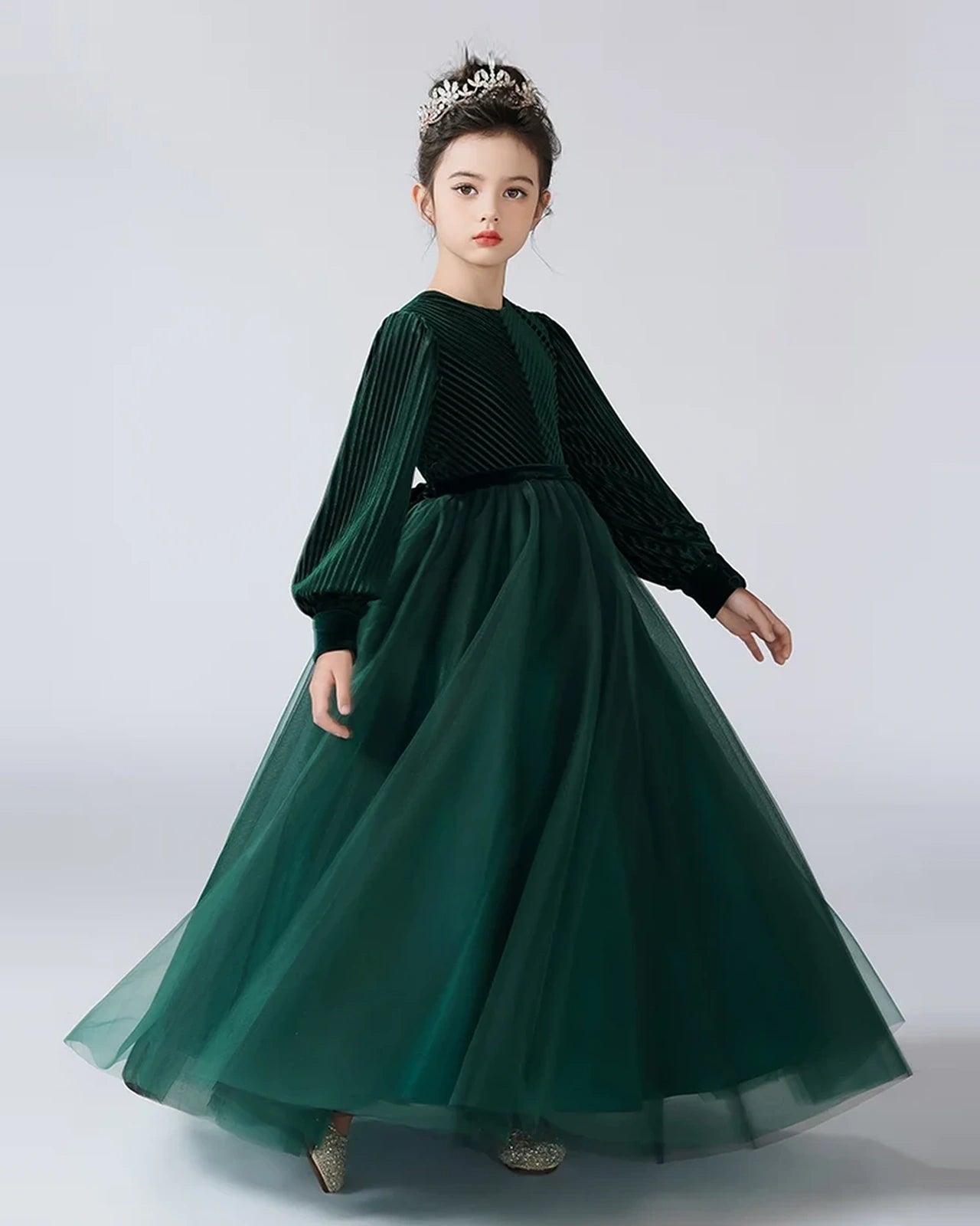 Emerald Green Velvet And Tulle A-Line Girls Formal Dresses