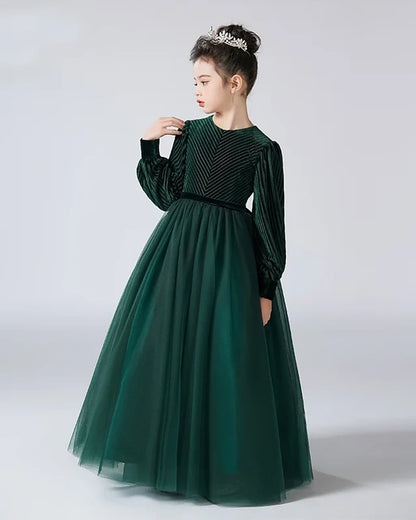Emerald Green Velvet and Tulle A-Line Girls Formal Dresses Side View