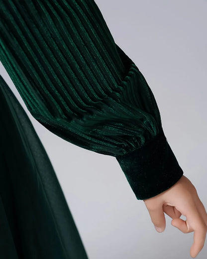 Emerald green velvet pleated long sleeve girls formal dress