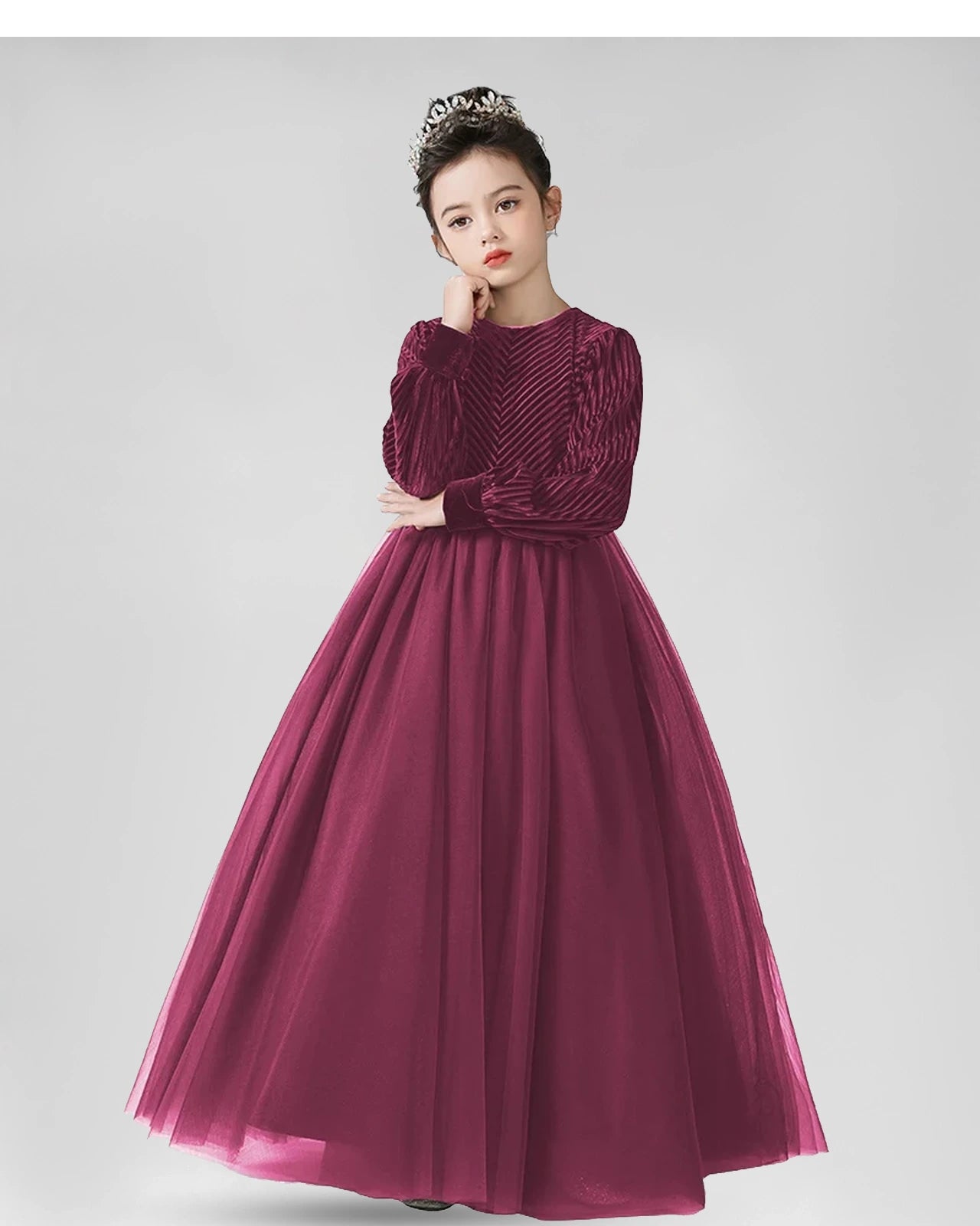 Fuchsia Velvet Tulle Ball Gown Girls Formal Dresses Front View
