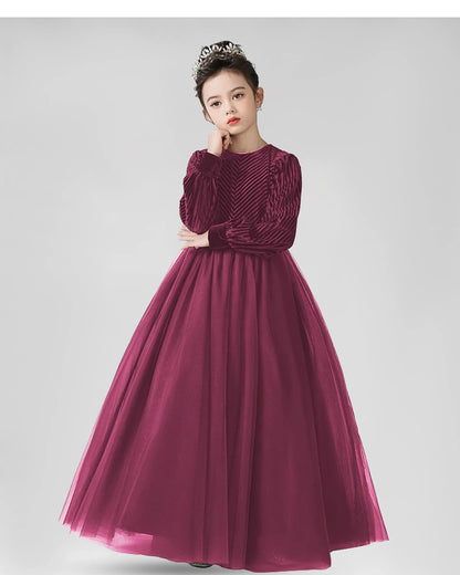 Fuchsia Velvet Tulle Ball Gown Girls Formal Dresses Front View
