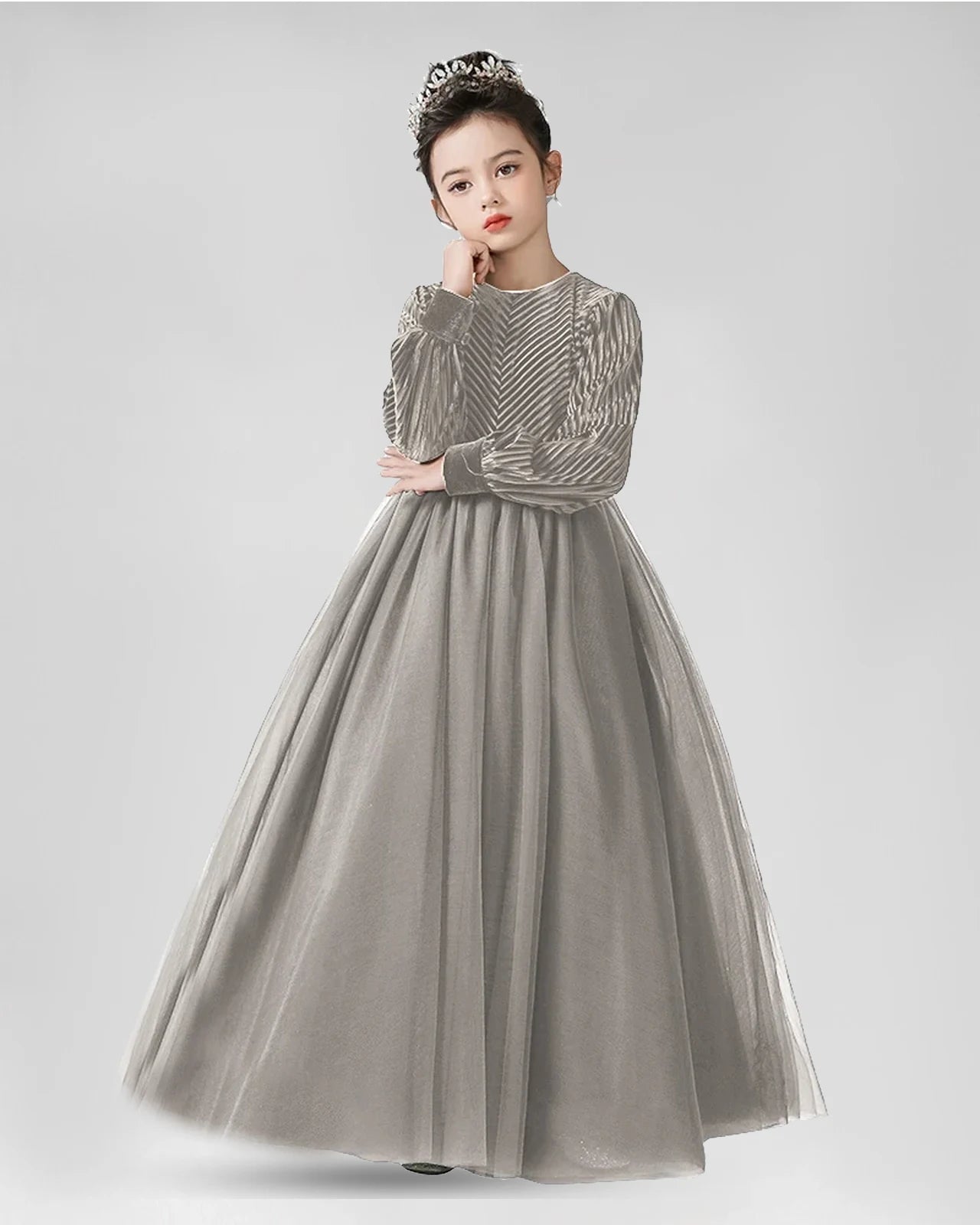Grey velvet and tulle pleated A-line girls formal dress, Front View