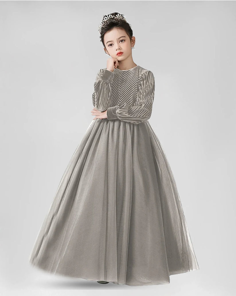 Grey velvet and tulle pleated A-line girls formal dress, Front View