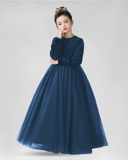 Navy Blue Velvet and Tulle A-Line Girls Formal Dresses Front View