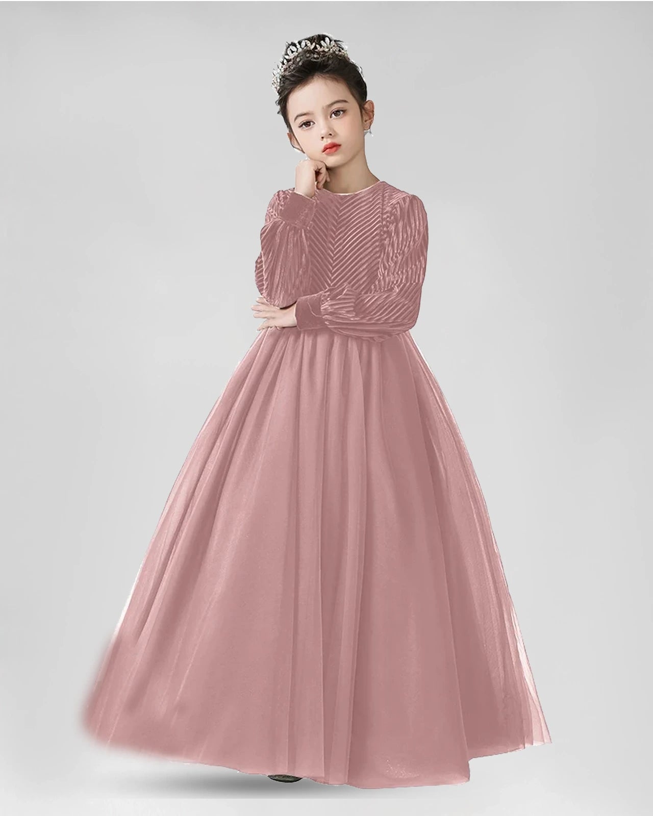 Pink Velvet Tulle A-Line Girls Formal Dresses Front View