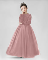 Pink Velvet Tulle A-Line Girls Formal Dresses Front View