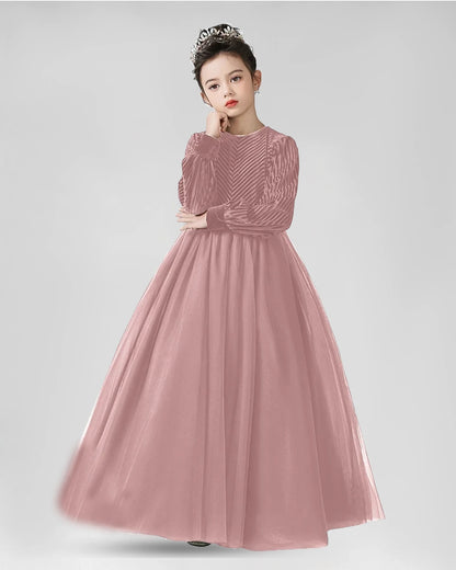 Pink Velvet Tulle A-Line Girls Formal Dresses Front View
