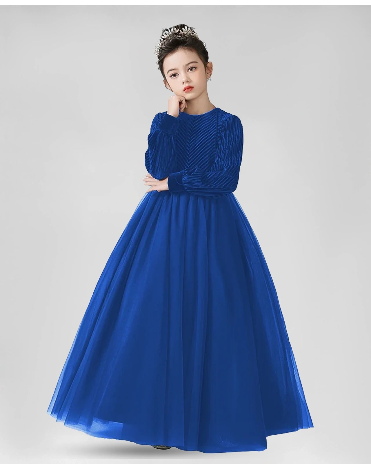 Royal Blue Velvet and Tulle A-Line Girls Formal Dresses Front View