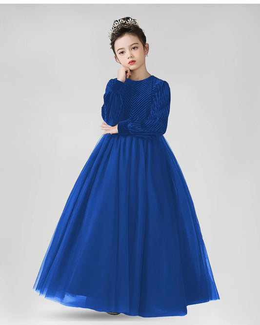 Royal Blue Velvet and Tulle A-Line Girls Formal Dresses Front View