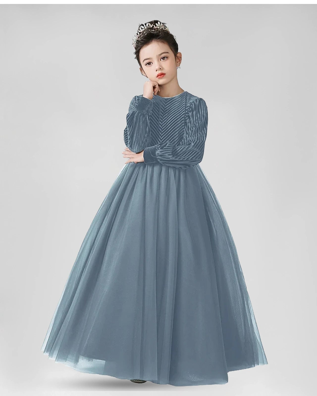 Slate Blue Velvet and Tulle A-Line Girls Formal Dresses Front View