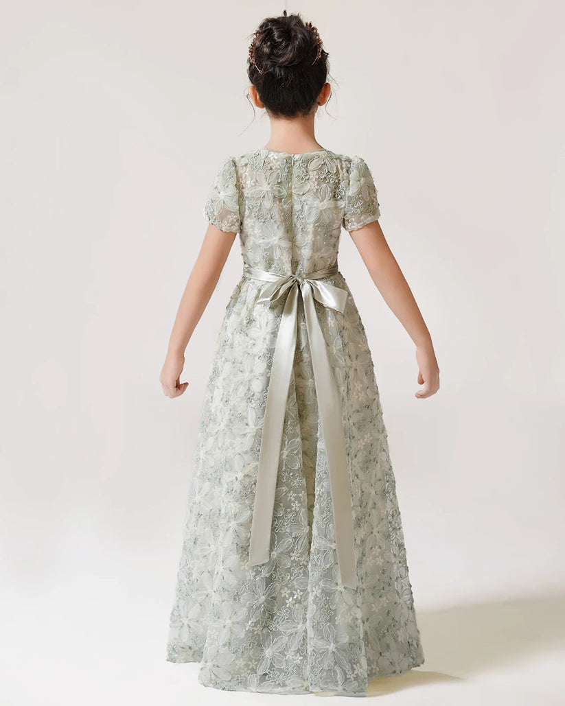 Sage Lace A-line Girls Formal Dress Back View