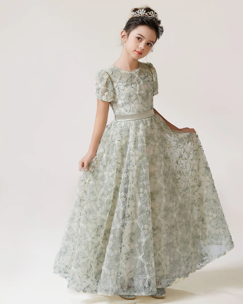 Sage Lace A-line Girls Formal Dress Front View
