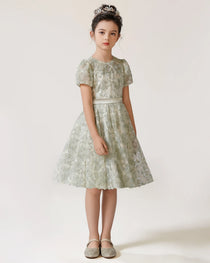 Front Sage Green Lace Flower Girls Dress