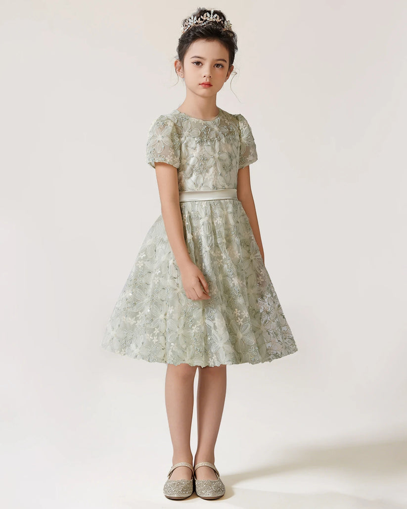Sage Green Lace A-line Girls Formal Dress Front View