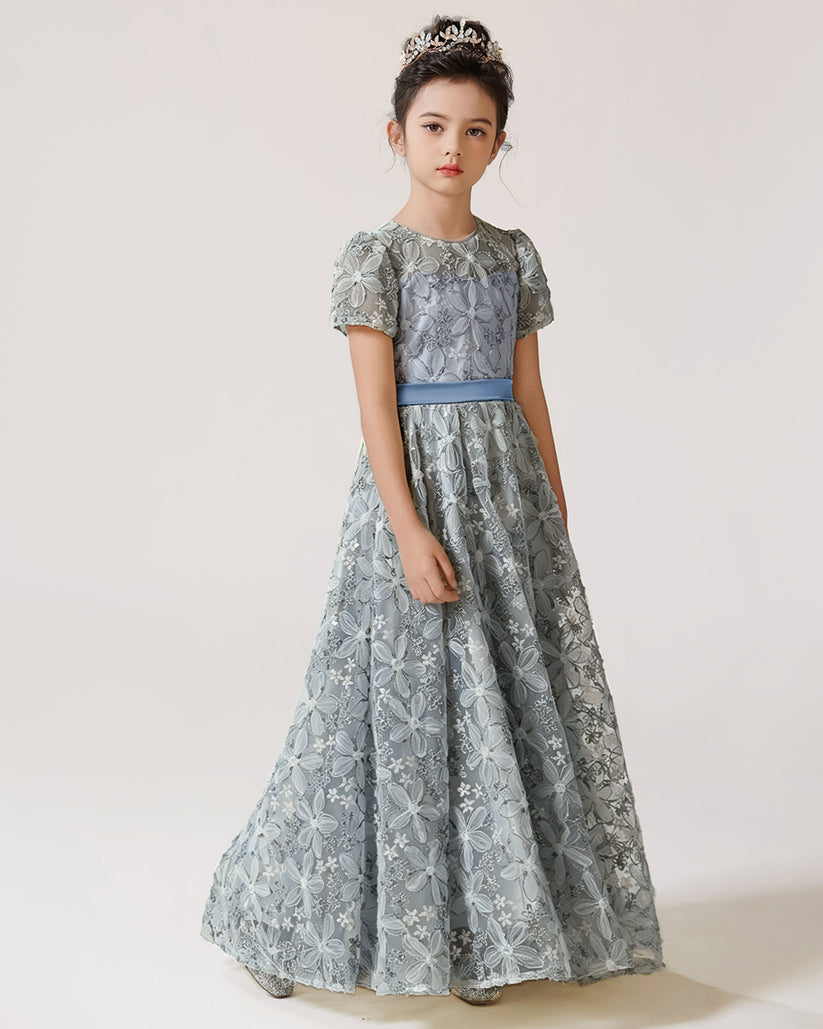 Sage Green Lace A-line Girls Formal Dress Front View