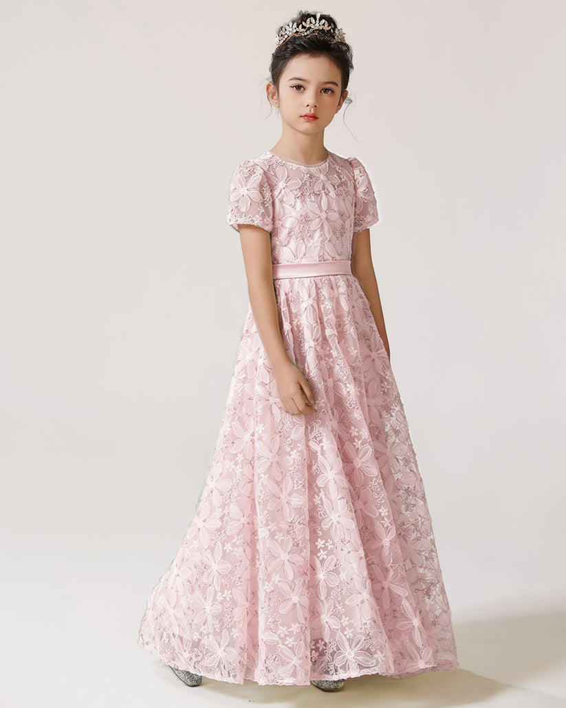 Blush Pink Lace A-line Girls Formal Dress Front View