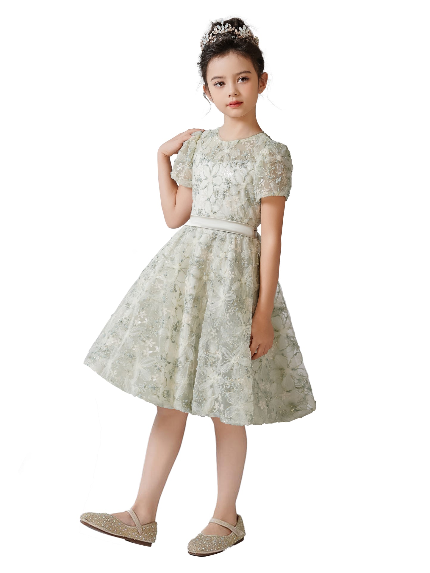 2025 Spring 3D Flowers Embroidery Lace Appliqued Puff Tulle Short Wedding Guest Dress for Girls Puffy Sleeves Girls Birthday Party Dress